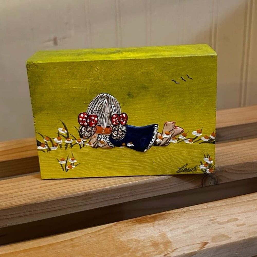 Vintage 1970s Wood Hand Painted Yellow Girl Flowers Home Decor 5x4 inches